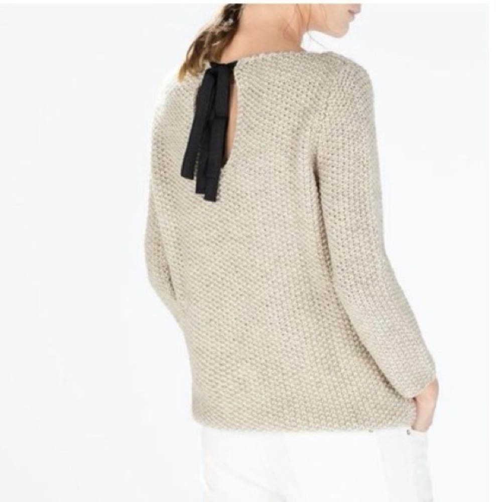 Zara Knit Tie Back Cream Sweater Black Bow Sweater
